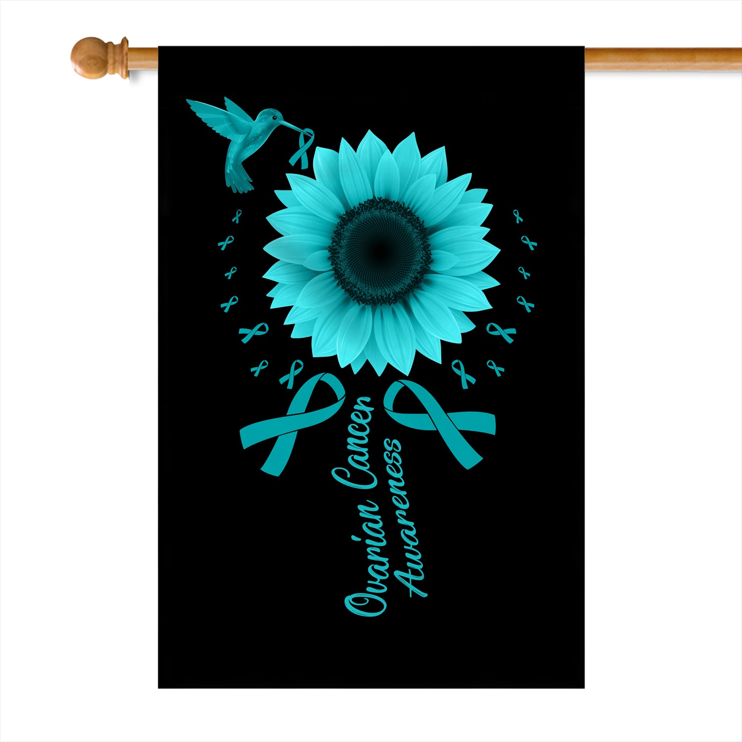 Hummingbird Sunflower Ovarian Cancer Awareness Flag Teal Ribbon | siriusteestore