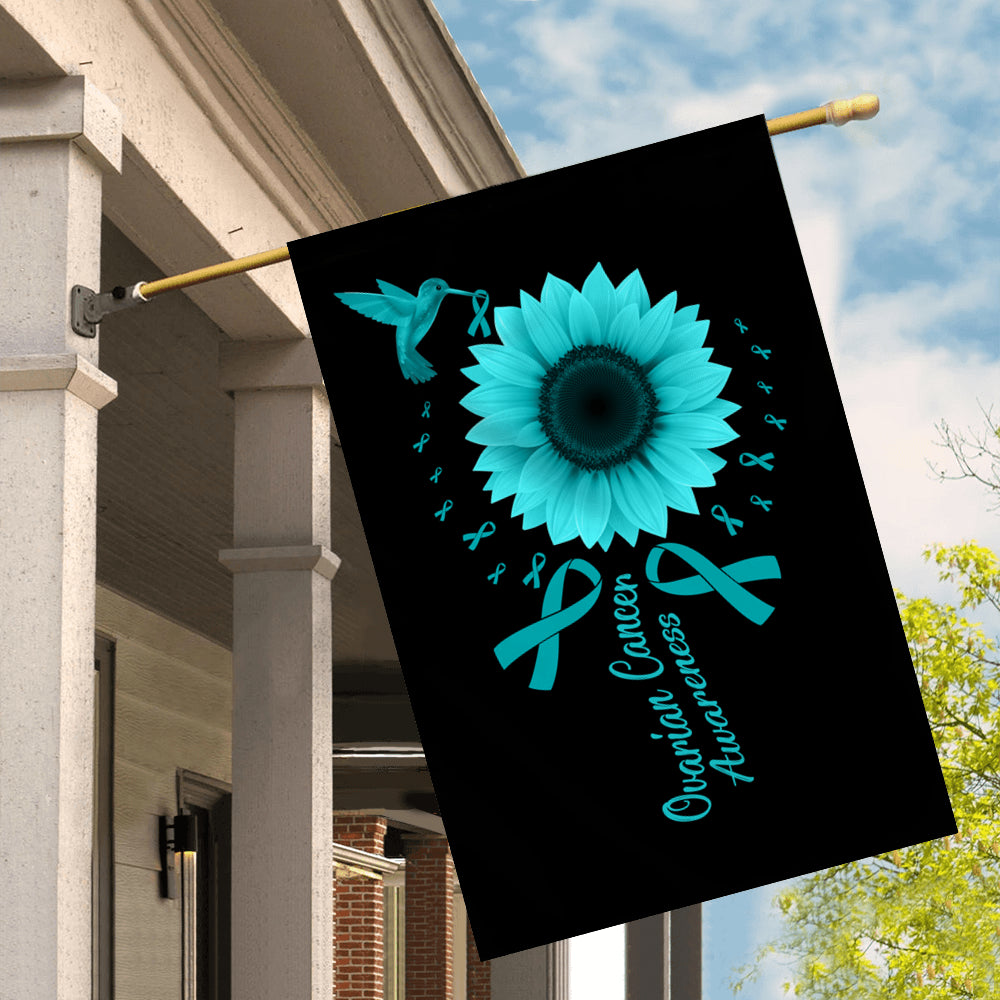 Hummingbird Sunflower Ovarian Cancer Awareness Flag Teal Ribbon | siriusteestore