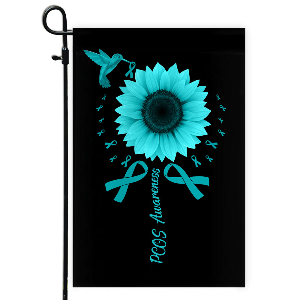 Hummingbird Sunflower PCOS Awareness Flag Teal Ribbon | siriusteestore
