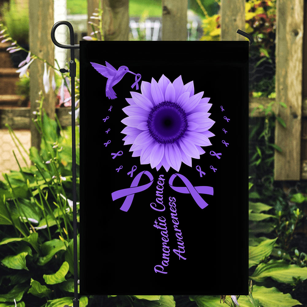 Hummingbird Sunflower Pancreatic Cancer Awareness Flag Purple Ribbon | siriusteestore