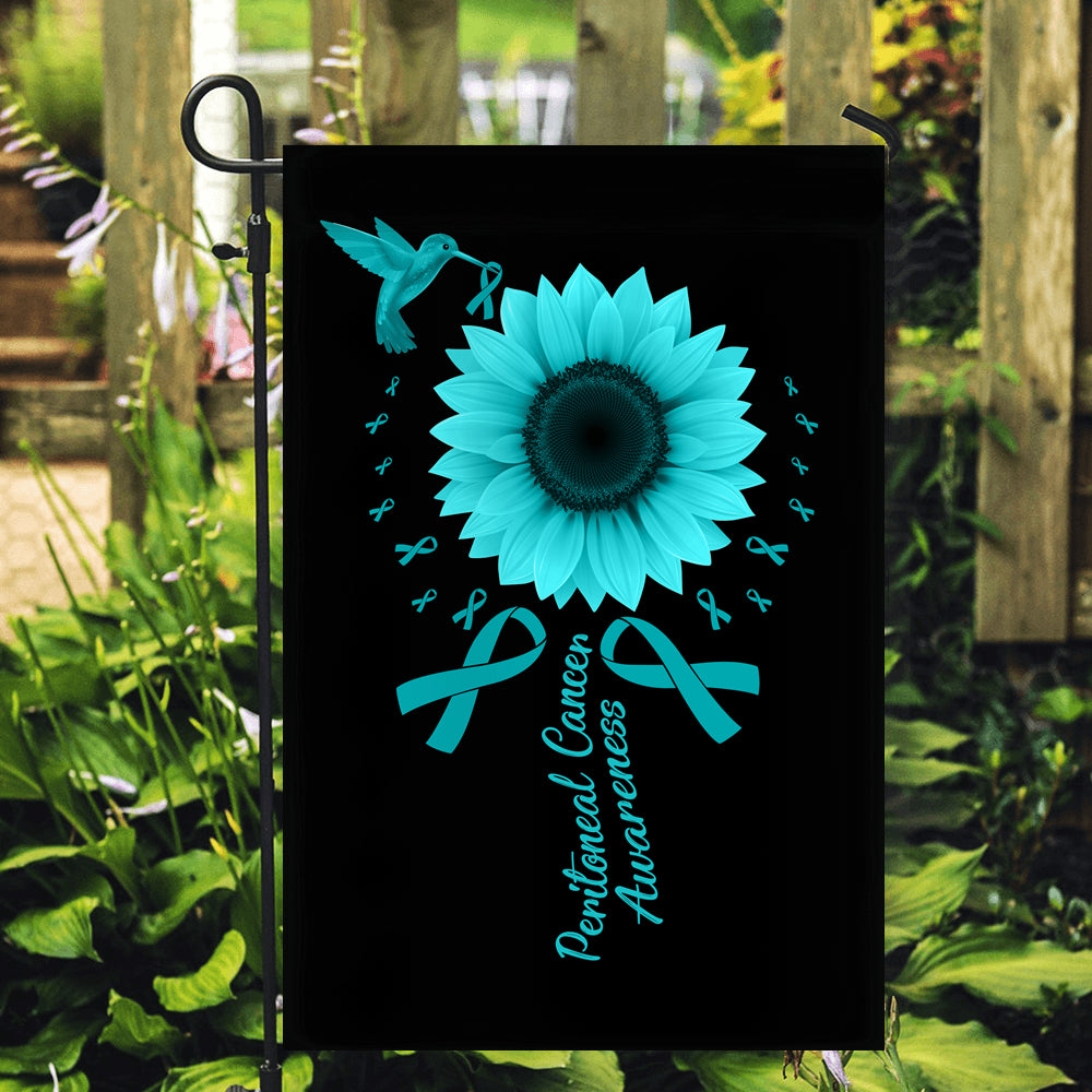 Hummingbird Sunflower Peritoneal Cancer Awareness Flag Teal Ribbon | siriusteestore