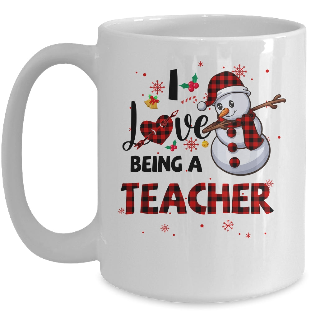 I Love Being A Teacher Snowman Dab Christmas Red Plaid Mug | siriusteestore