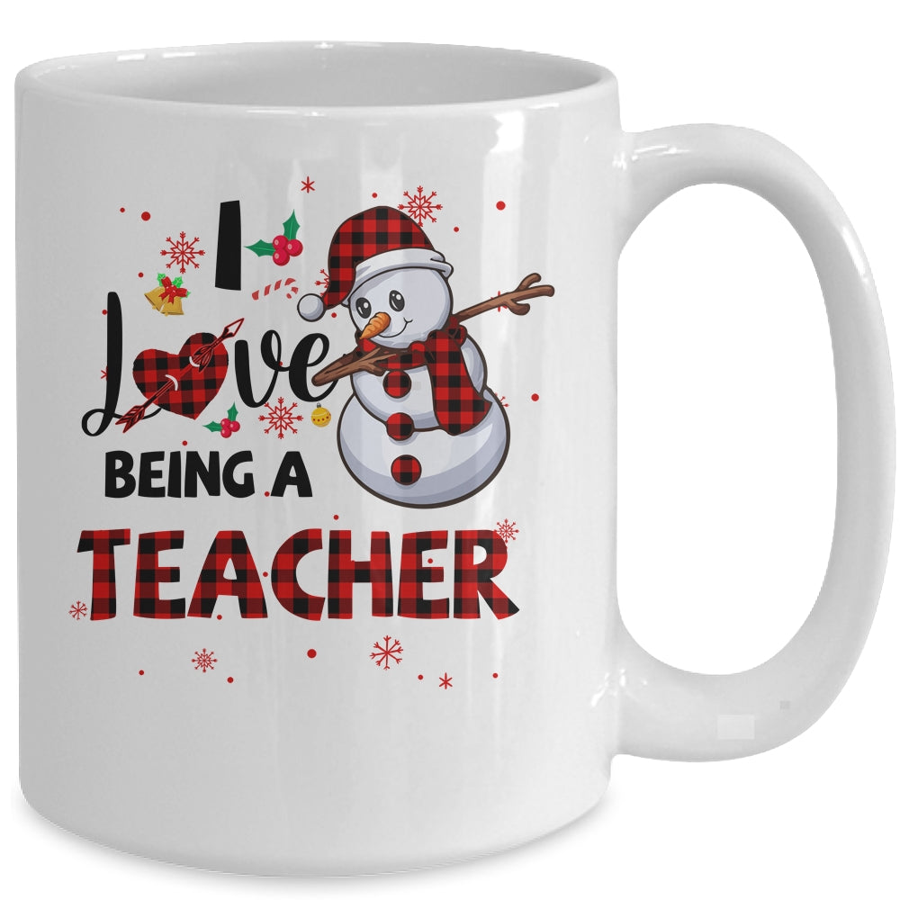 I Love Being A Teacher Snowman Dab Christmas Red Plaid Mug | siriusteestore