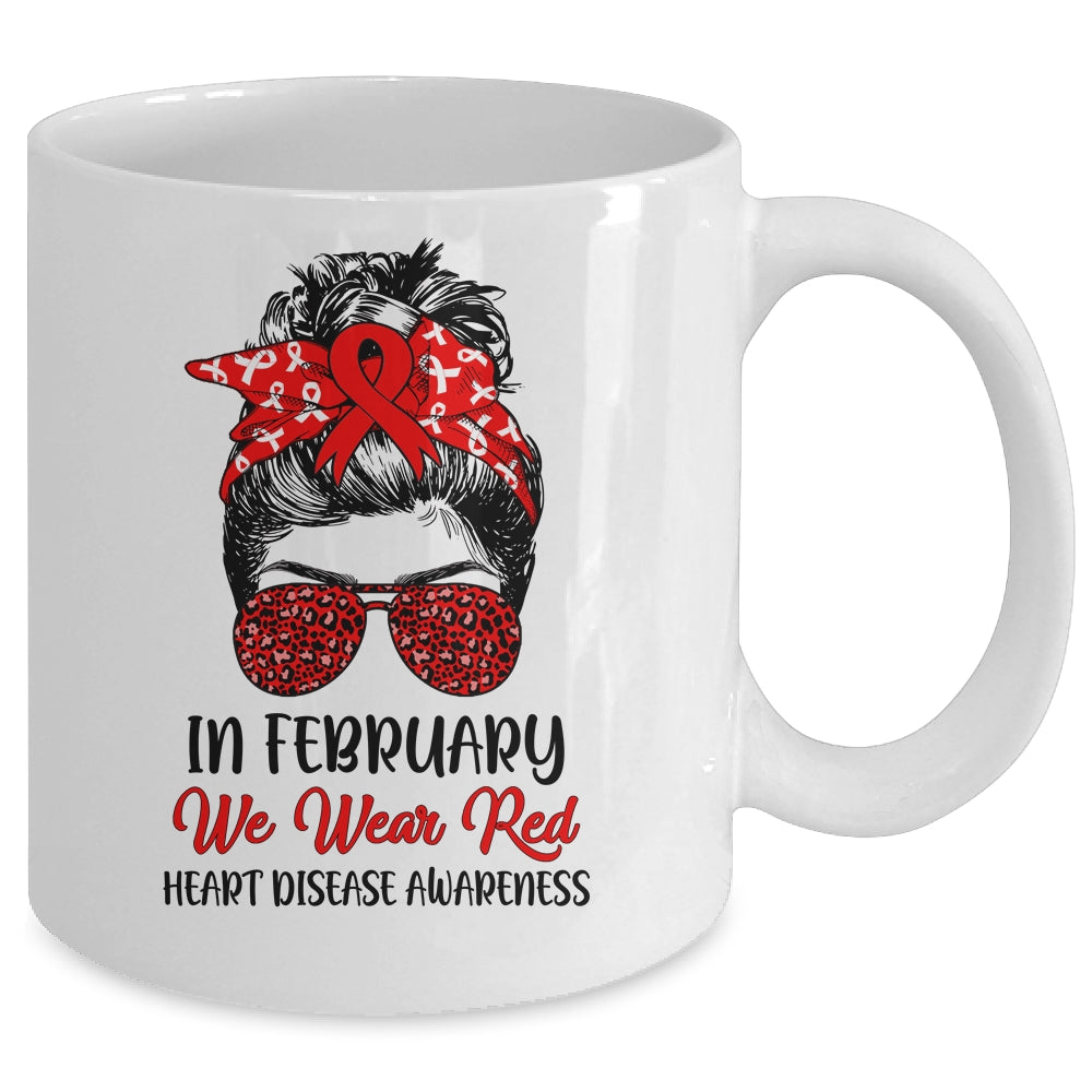 In February We Wear Red Heart Disease Awareness Messy Bun Mug | siriusteestore