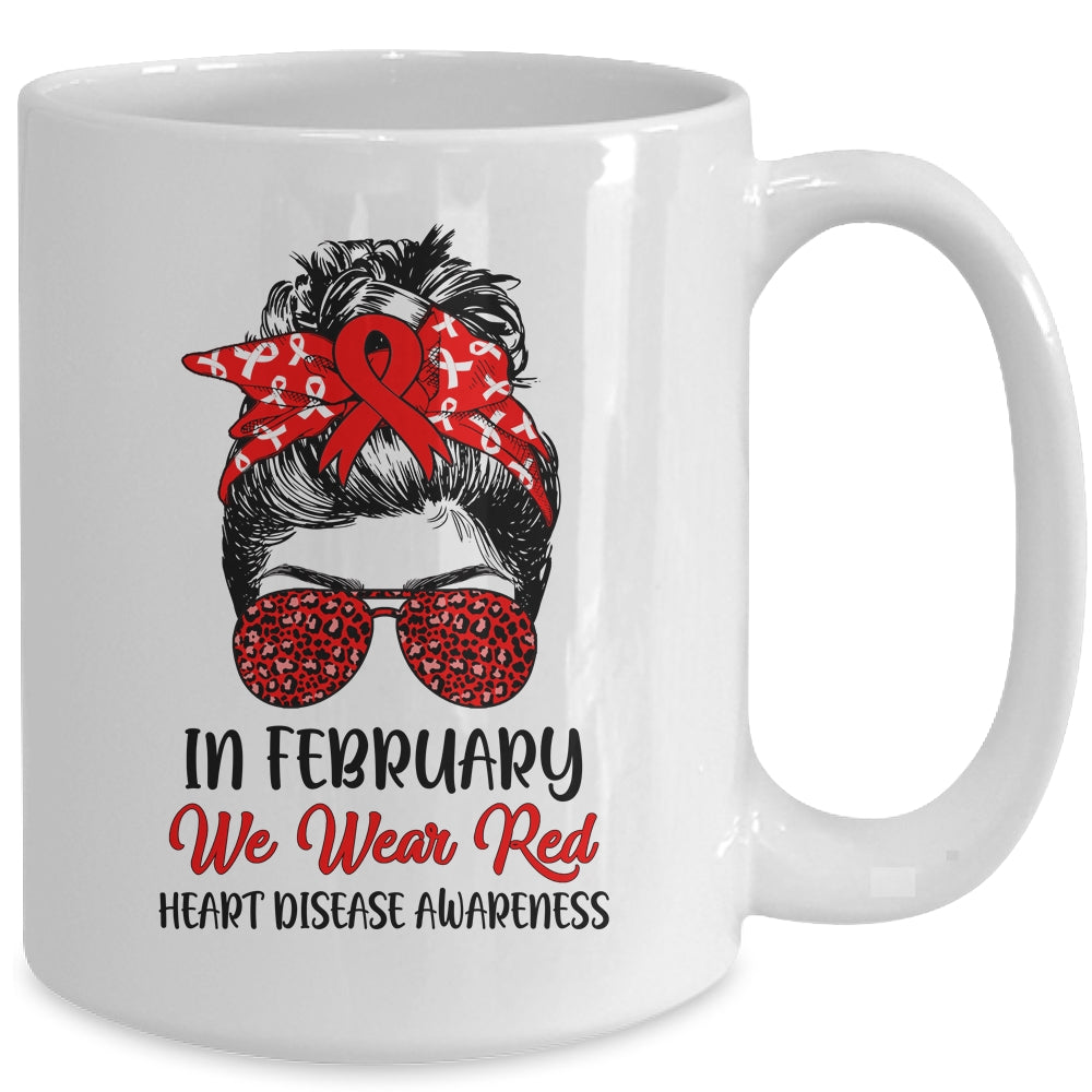 In February We Wear Red Heart Disease Awareness Messy Bun Mug | siriusteestore