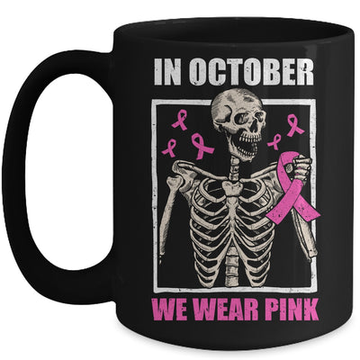 In October We Wear Pink Breast Cancer Skeleton Halloween Mug | siriusteestore