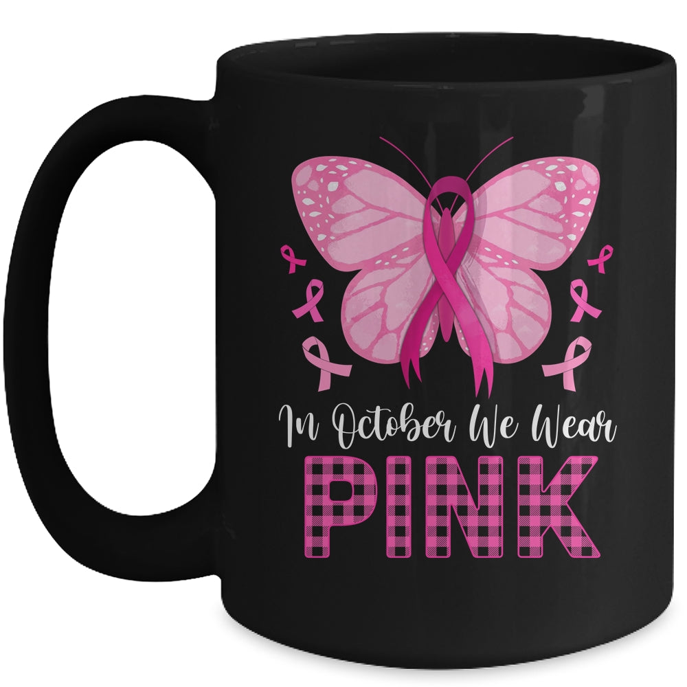 In October We Wear Pink Butterfly Breast Cancer Awareness Mug | siriusteestore