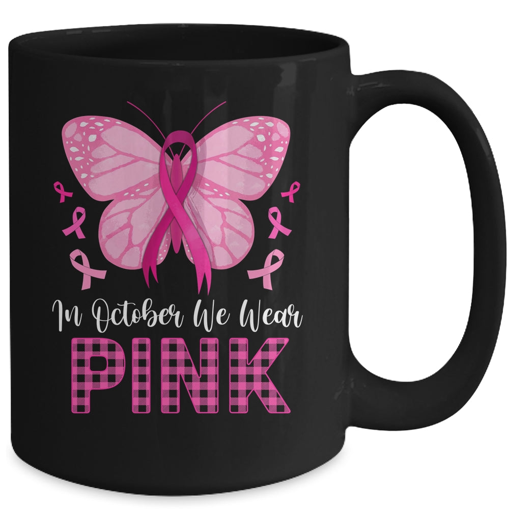 In October We Wear Pink Butterfly Breast Cancer Awareness Mug | siriusteestore