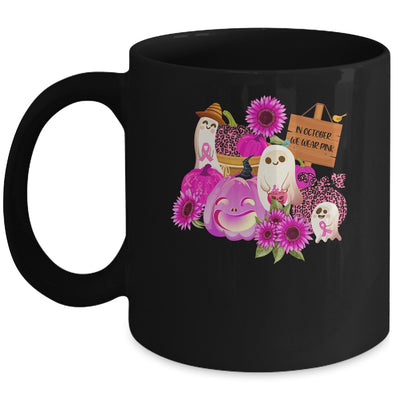 In October We Wear Pink Ghosts Pumpkins For Breast Cancer Mug | siriusteestore