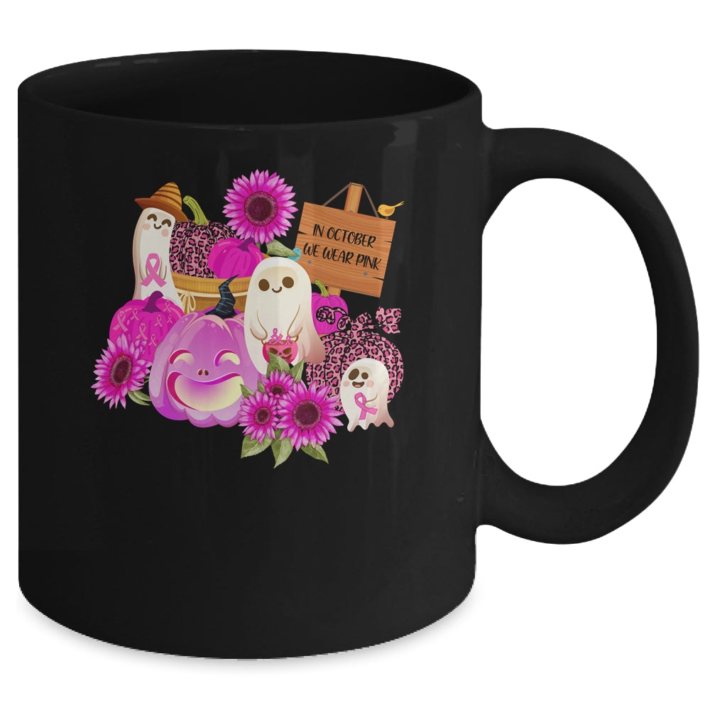 In October We Wear Pink Ghosts Pumpkins For Breast Cancer Mug | siriusteestore