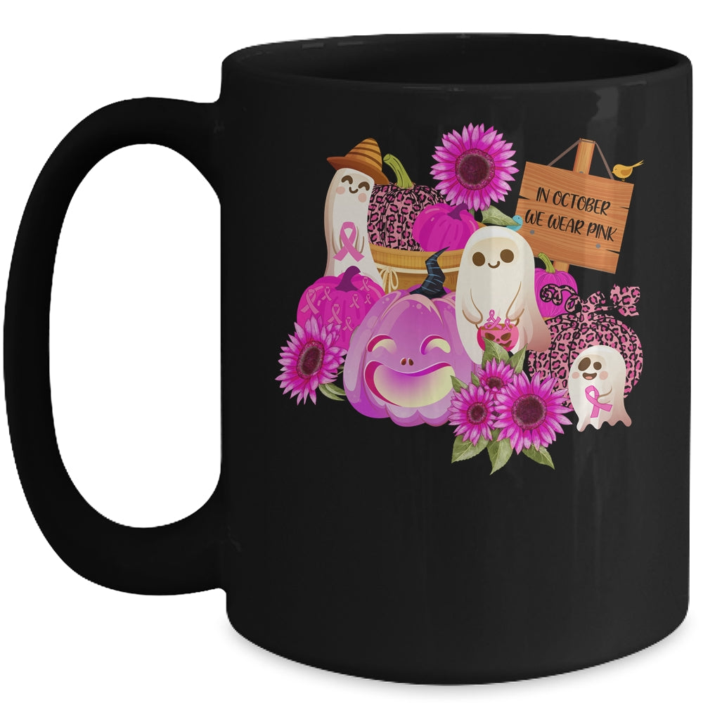 In October We Wear Pink Ghosts Pumpkins For Breast Cancer Mug | siriusteestore
