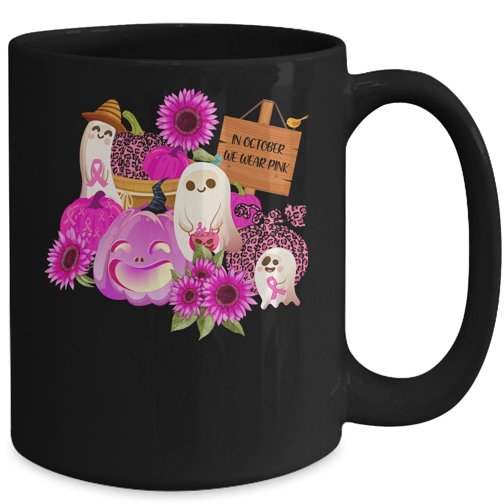 In October We Wear Pink Ghosts Pumpkins For Breast Cancer Mug | siriusteestore