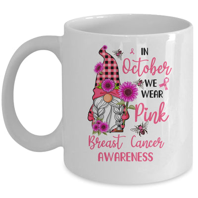 In October We Wear Pink Gnome Breast Cancer Awareness Mug | siriusteestore