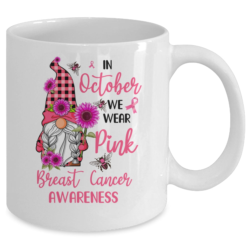 In October We Wear Pink Gnome Breast Cancer Awareness Mug | siriusteestore