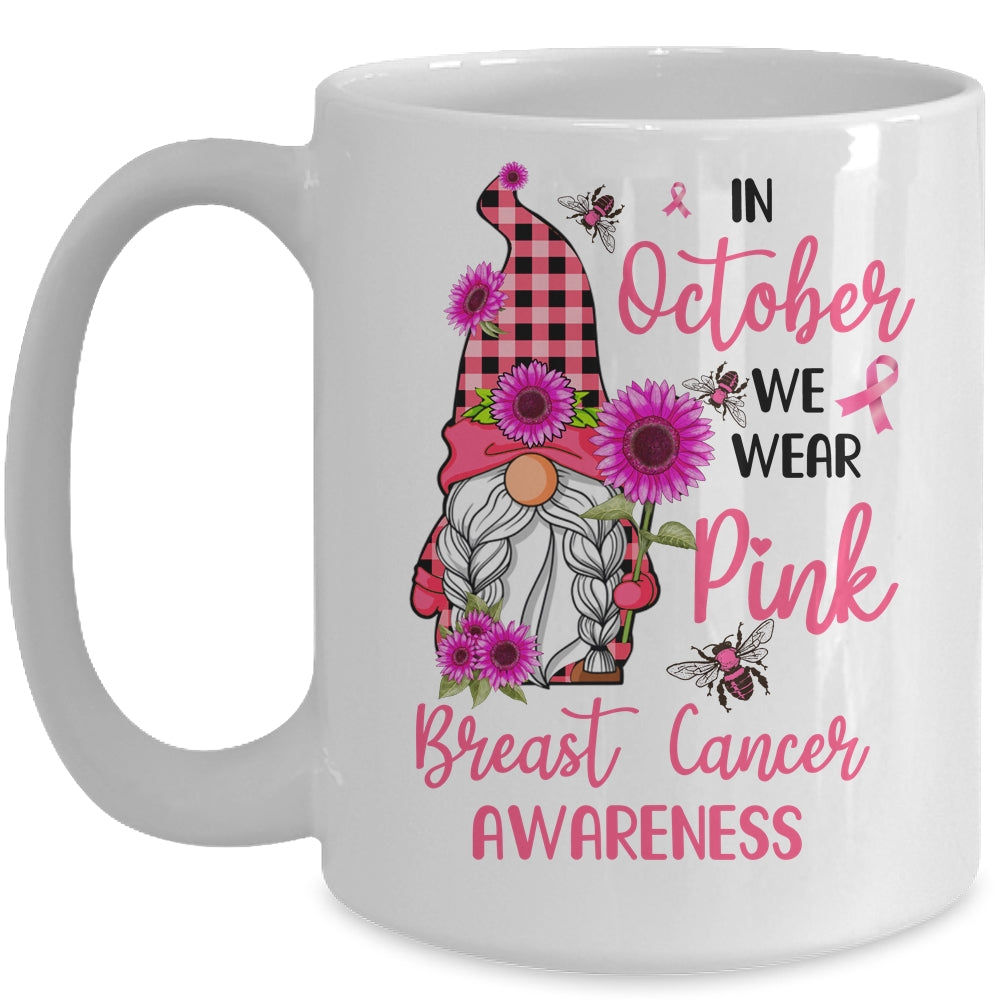 In October We Wear Pink Gnome Breast Cancer Awareness Mug | siriusteestore