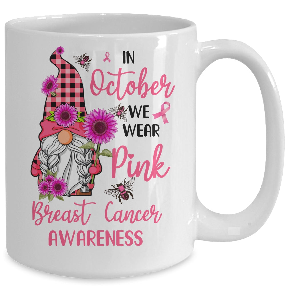 In October We Wear Pink Gnome Breast Cancer Awareness Mug | siriusteestore