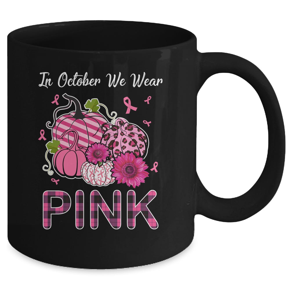 In October We Wear Pink Ribbon Leopard Pumpkin Breast Cancer Mug | siriusteestore