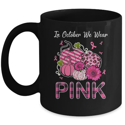 In October We Wear Pink Ribbon Leopard Pumpkin Breast Cancer Mug | siriusteestore