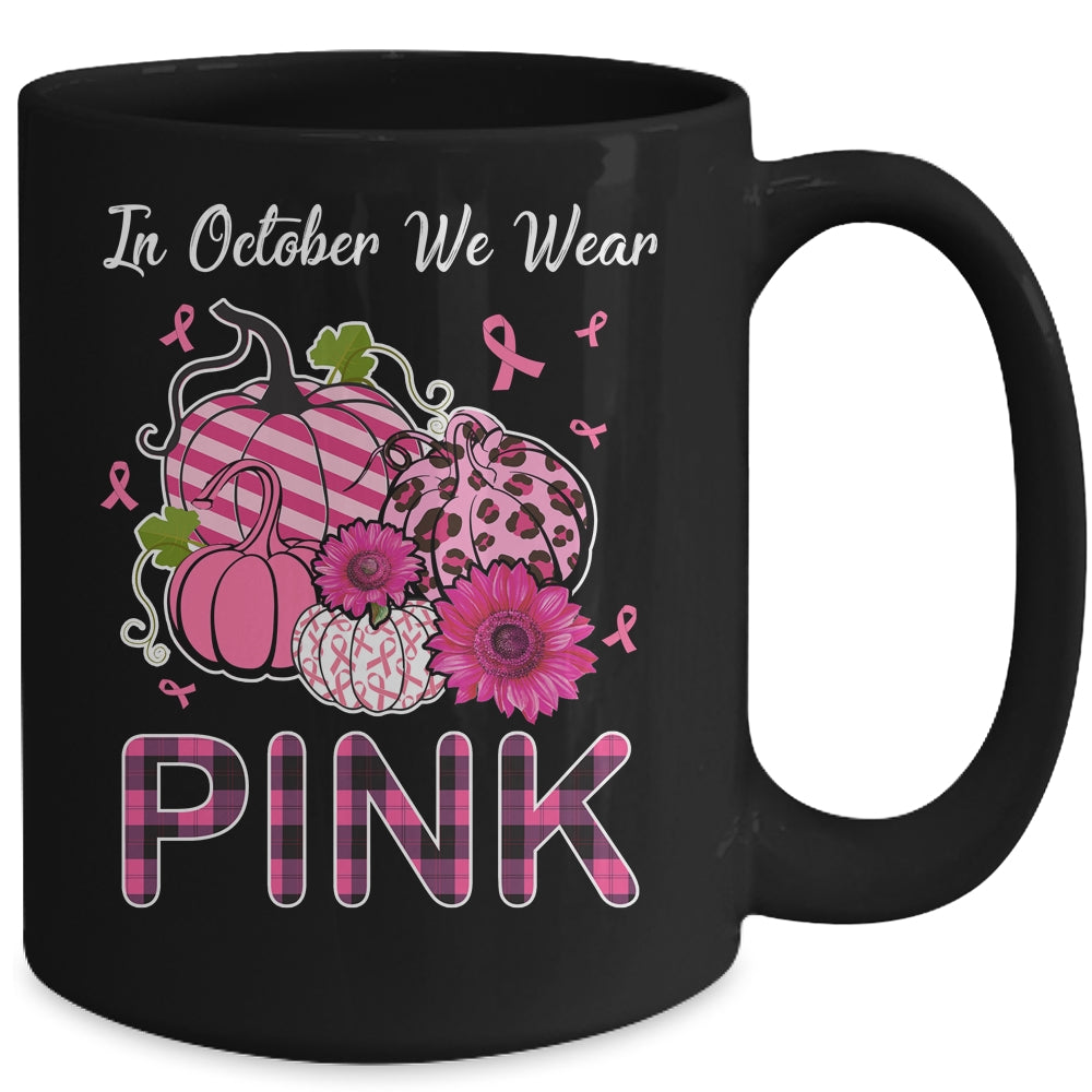 In October We Wear Pink Ribbon Leopard Pumpkin Breast Cancer Mug | siriusteestore