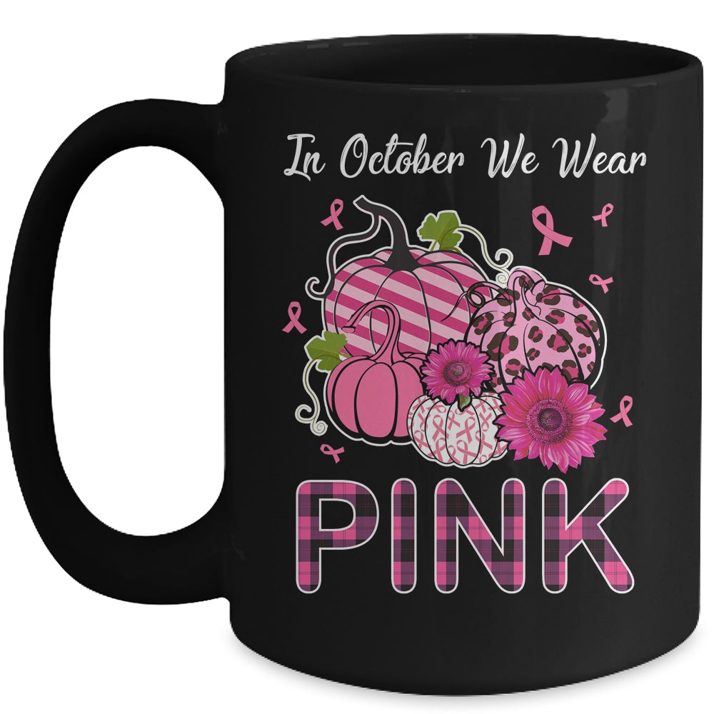 In October We Wear Pink Ribbon Leopard Pumpkin Breast Cancer Mug | siriusteestore