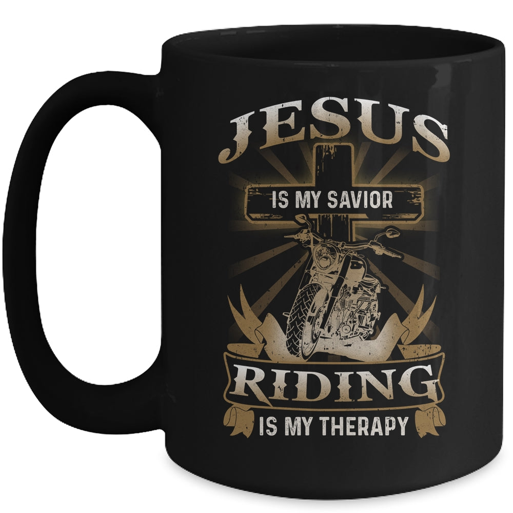 Jesus Is My Savior Riding Is My Therapy Funny Motorcycle Mug | siriusteestore