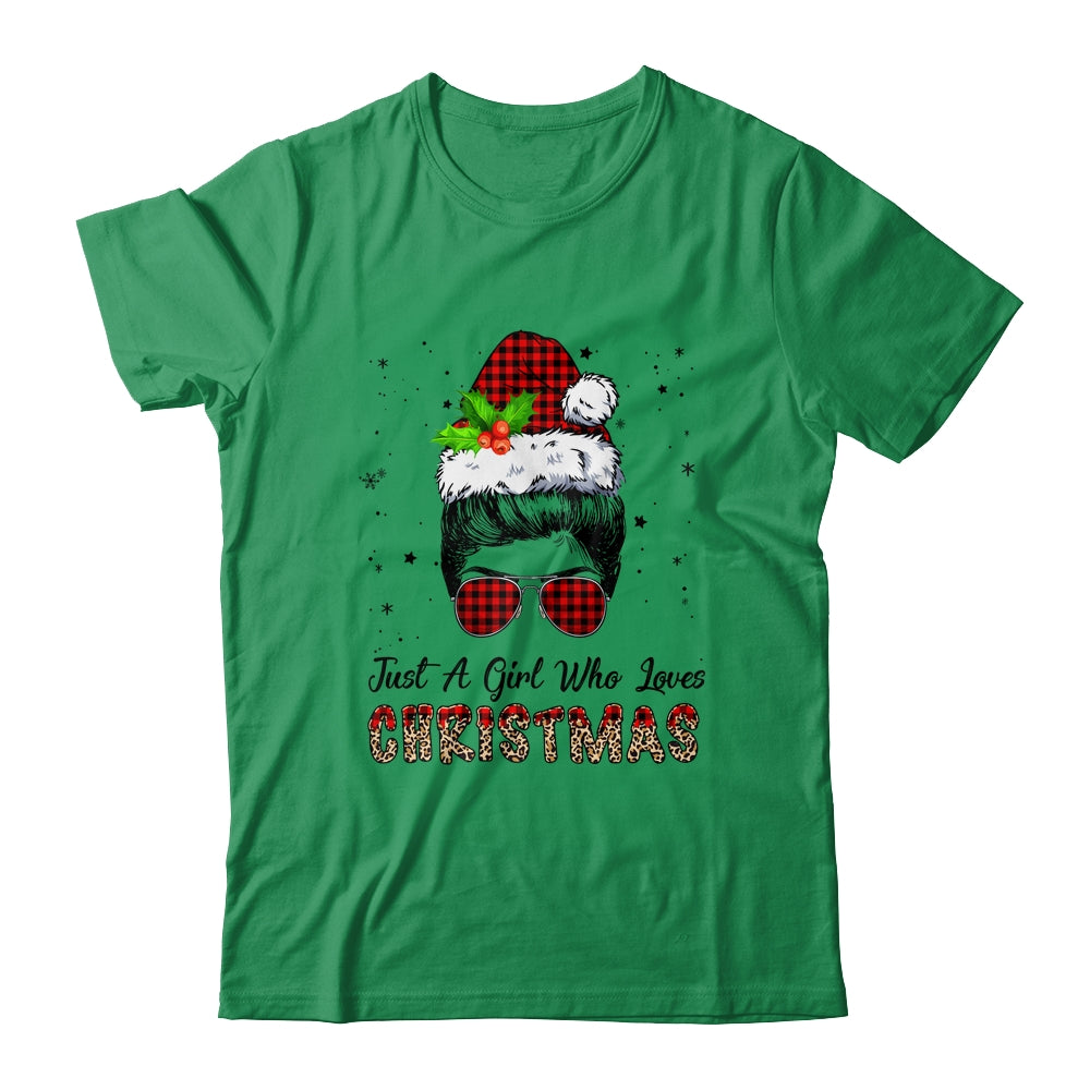 Just A Girl Who Loves Christmas Santa Hat Messy Bun Leopard Shirt & Sweatshirt | siriusteestore