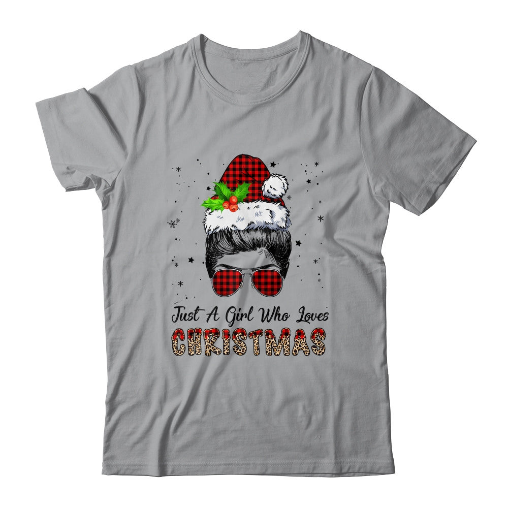 Just A Girl Who Loves Christmas Santa Hat Messy Bun Leopard Shirt & Sweatshirt | siriusteestore