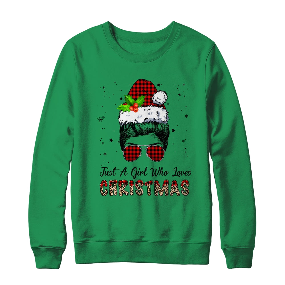 Just A Girl Who Loves Christmas Santa Hat Messy Bun Leopard Shirt & Sweatshirt | siriusteestore