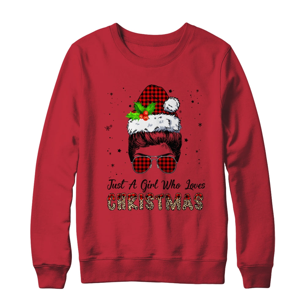Just A Girl Who Loves Christmas Santa Hat Messy Bun Leopard Shirt & Sweatshirt | siriusteestore