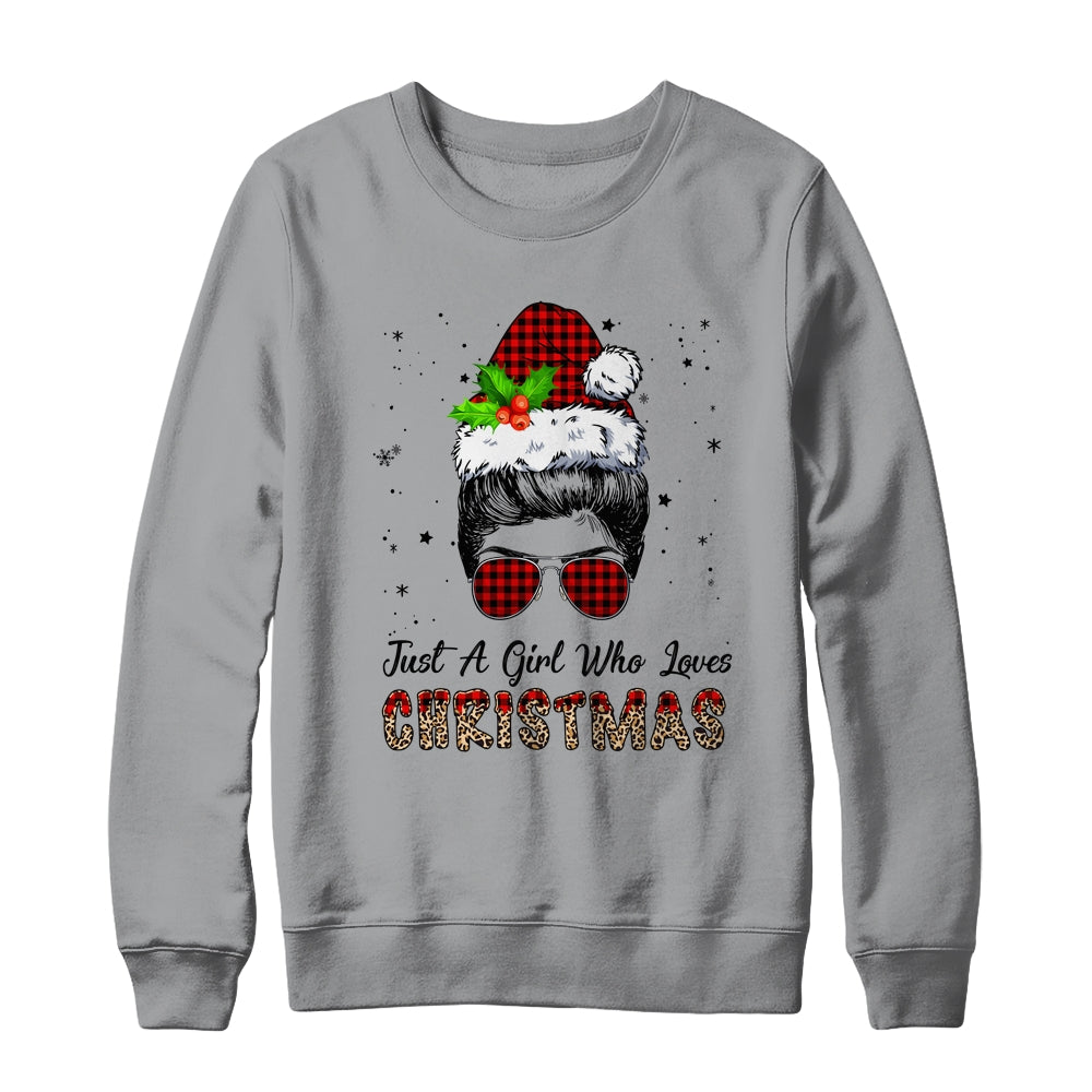 Just A Girl Who Loves Christmas Santa Hat Messy Bun Leopard Shirt & Sweatshirt | siriusteestore
