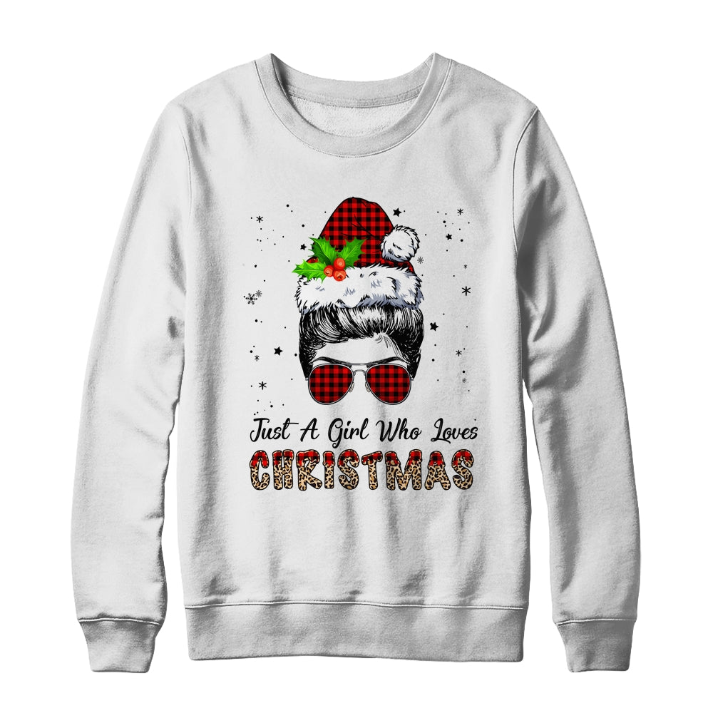 Just A Girl Who Loves Christmas Santa Hat Messy Bun Leopard Shirt & Sweatshirt | siriusteestore