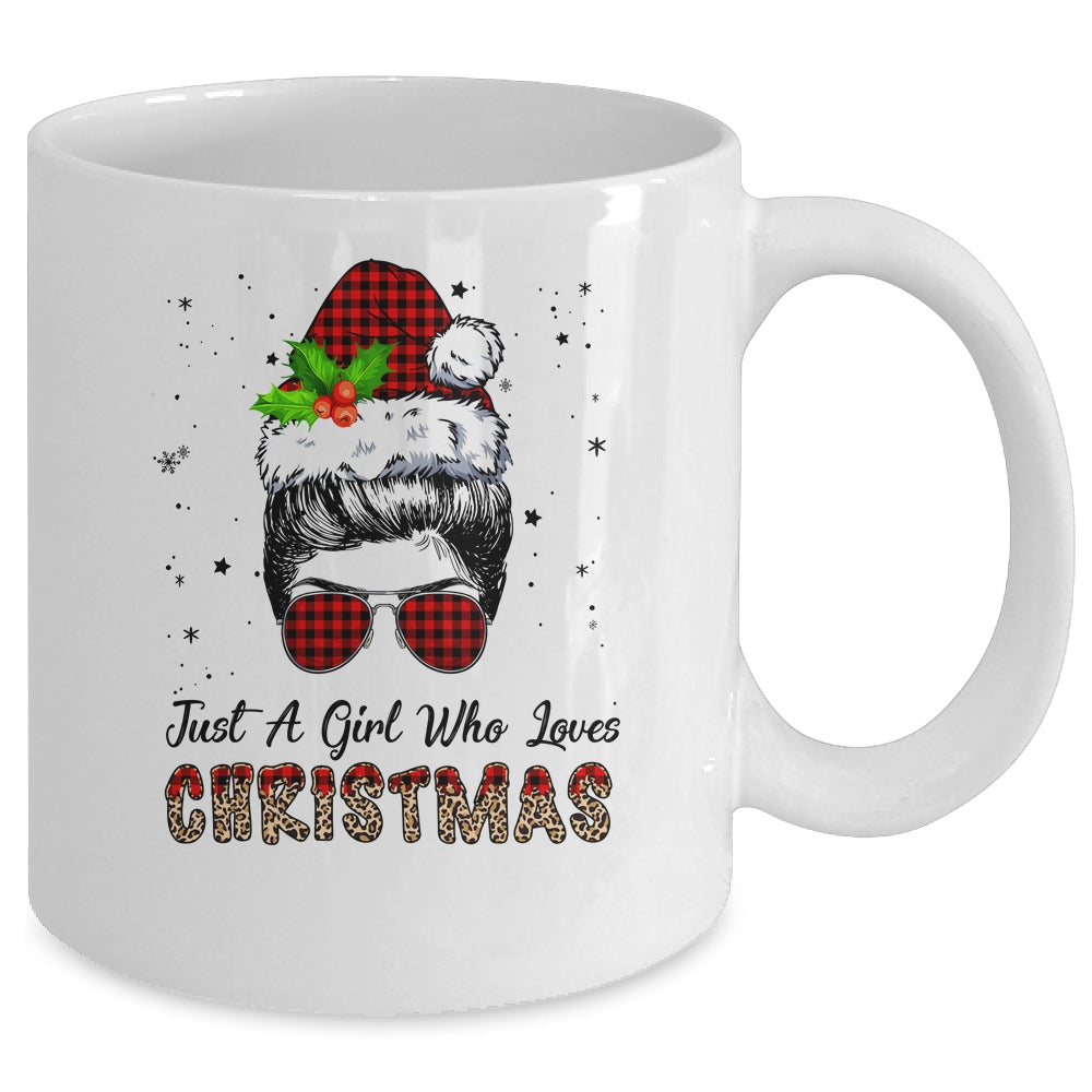Just A Girl Who Loves Christmas Santa Hat Messy Bun Leopard Mug | siriusteestore