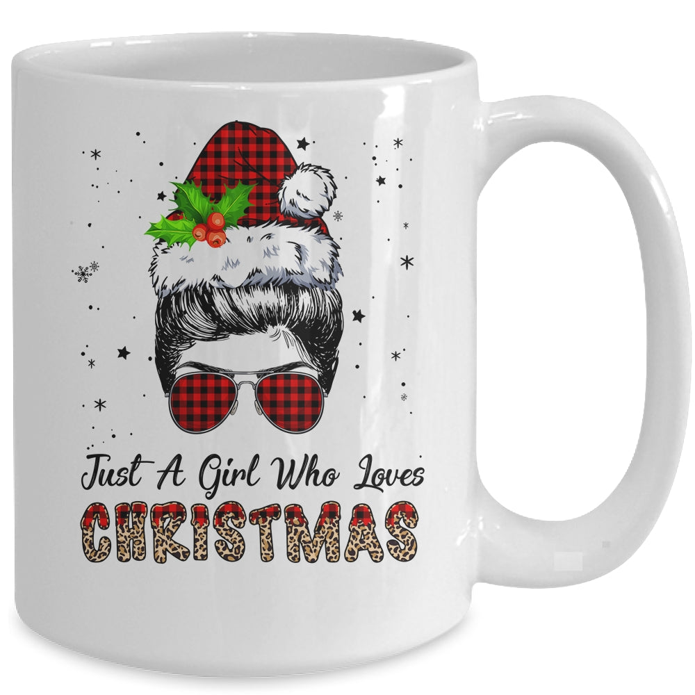 Just A Girl Who Loves Christmas Santa Hat Messy Bun Leopard Mug | siriusteestore
