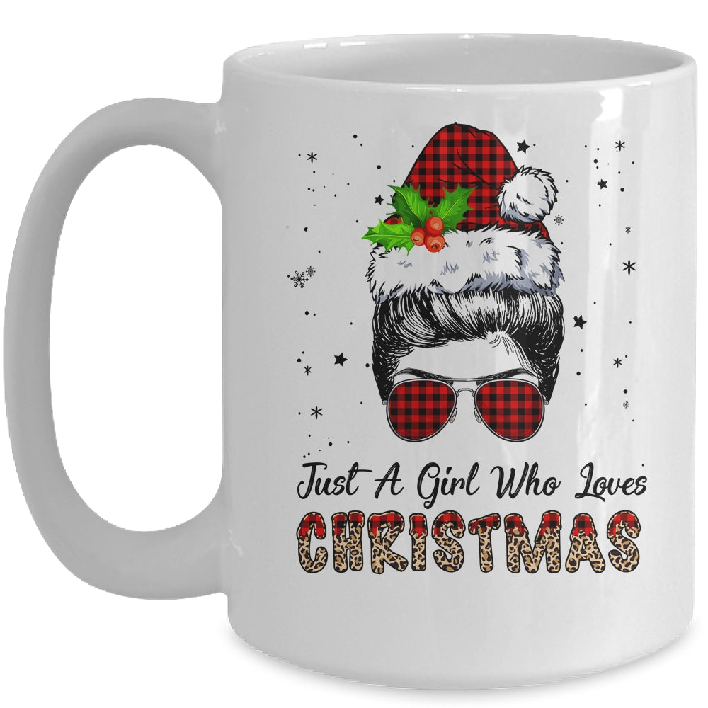 Just A Girl Who Loves Christmas Santa Hat Messy Bun Leopard Mug | siriusteestore