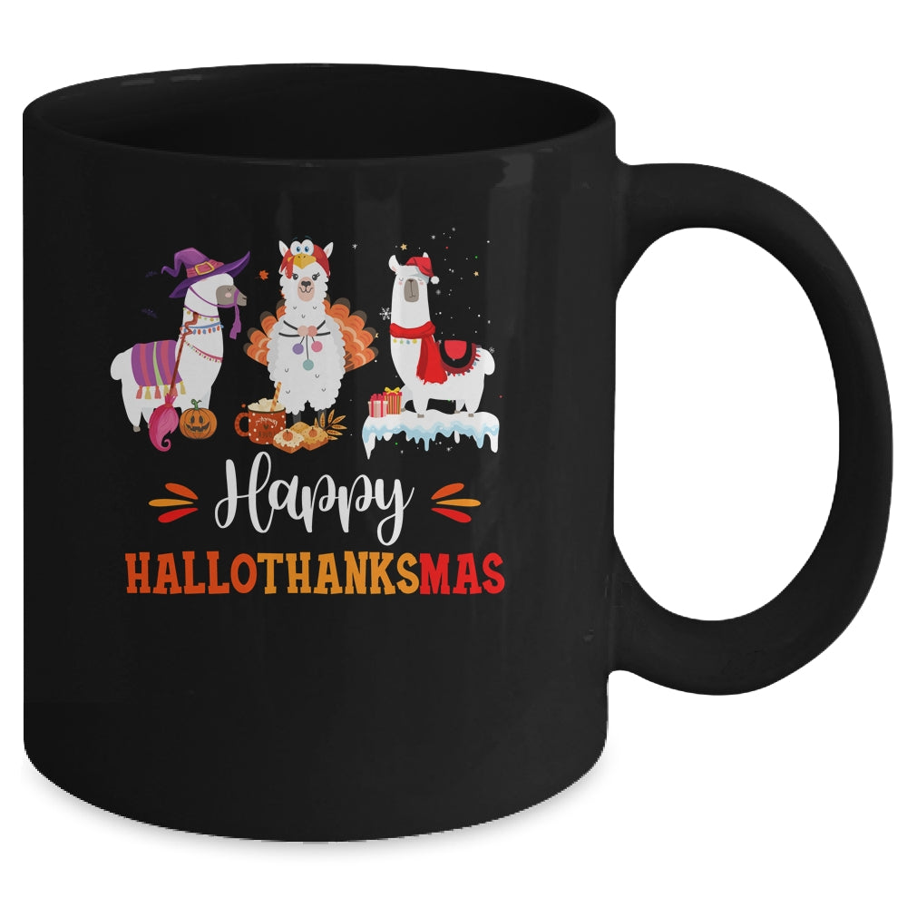 Llama Halloween Thanksgiving Merry Christmas Hallothanksmas Mug | siriusteestore