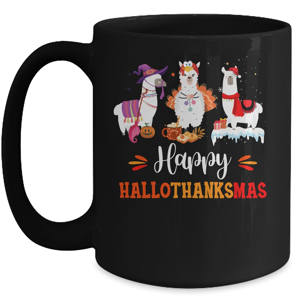 Llama Halloween Thanksgiving Merry Christmas Hallothanksmas Mug | siriusteestore