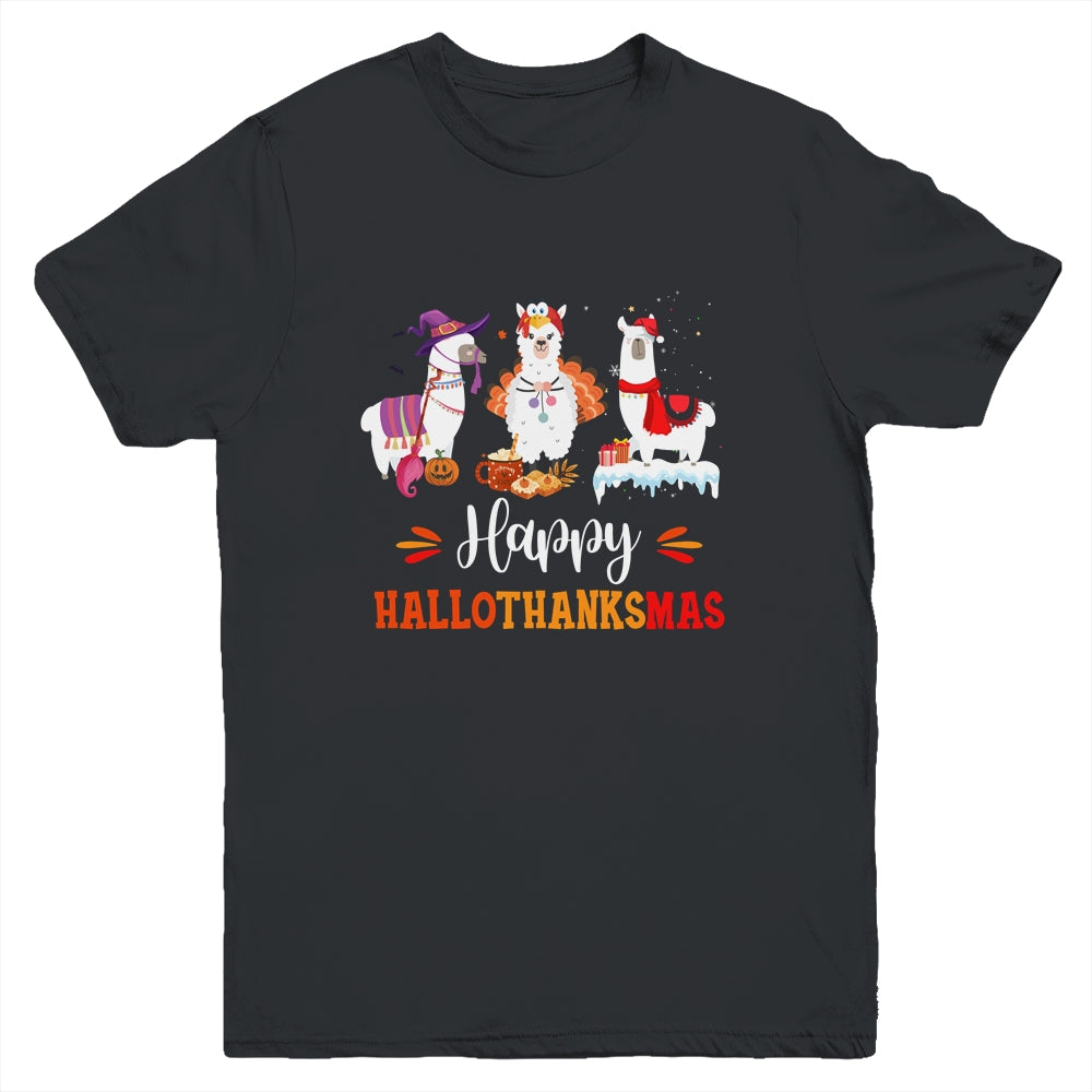 Llama Halloween Thanksgiving Merry Christmas Hallothanksmas Youth Shirt | siriusteestore