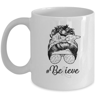 Lung Cancer Awareness Messy Bun Warrior Believe White Ribbon Mug | siriusteestore