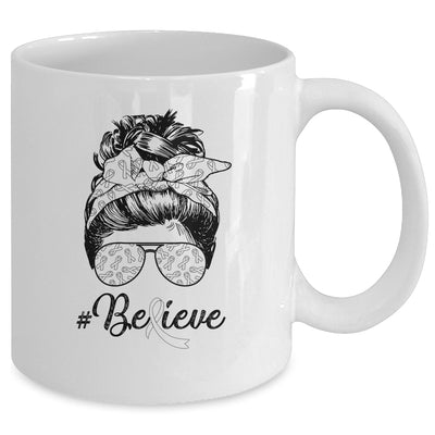 Lung Cancer Awareness Messy Bun Warrior Believe White Ribbon Mug | siriusteestore