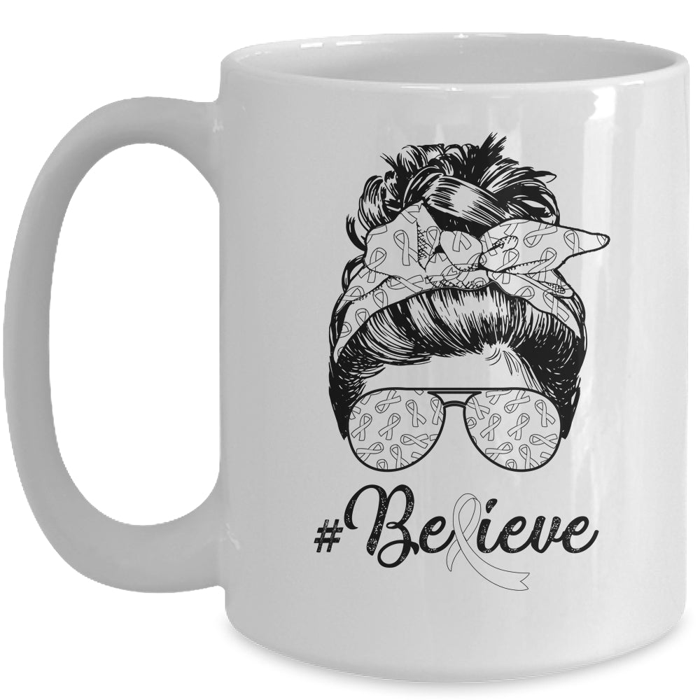 Lung Cancer Awareness Messy Bun Warrior Believe White Ribbon Mug | siriusteestore