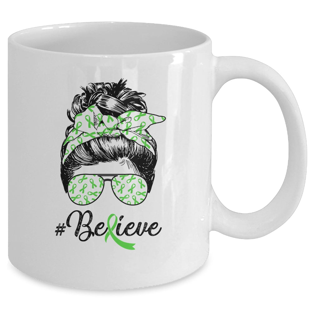 Lymphoma Liver Awareness Messy Bun Warrior Believe Green Mug | siriusteestore