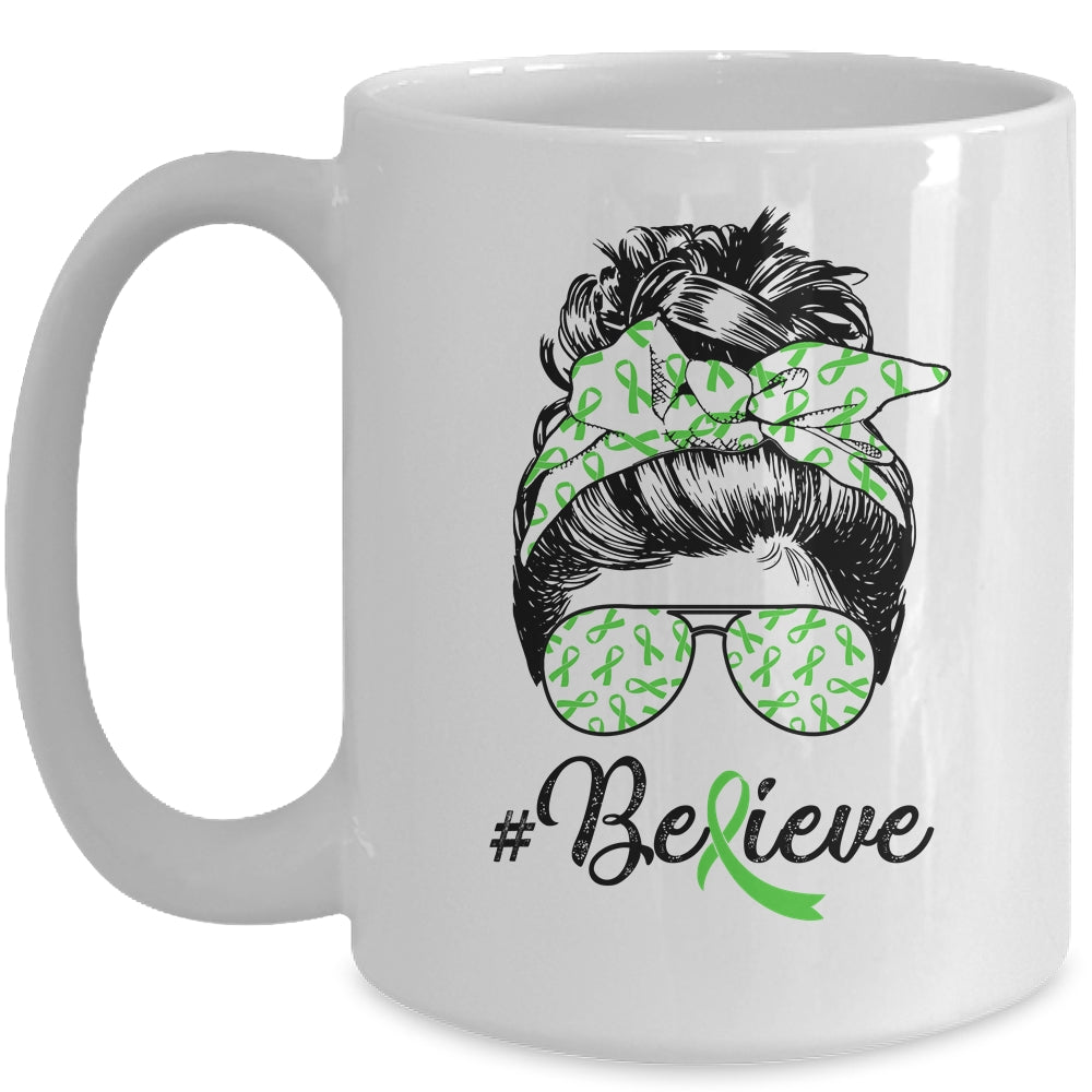 Lymphoma Liver Awareness Messy Bun Warrior Believe Green Mug | siriusteestore