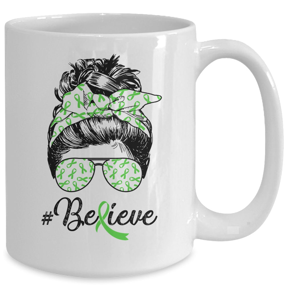 Lymphoma Liver Awareness Messy Bun Warrior Believe Green Mug | siriusteestore