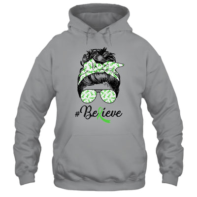 Lymphoma Liver Awareness Messy Bun Warrior Believe Green Shirt & Tank Top | siriusteestore
