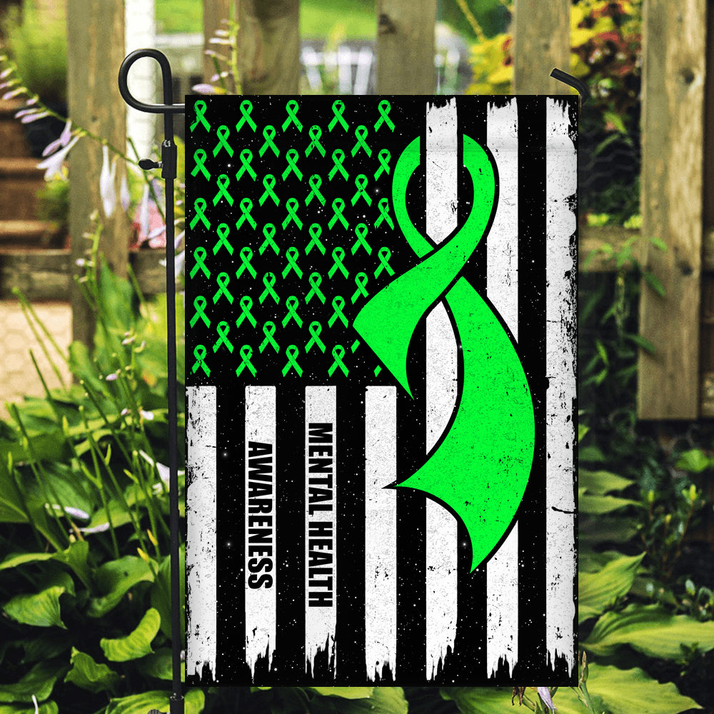 Mental Health Awareness America Flag Green Ribbon | siriusteestore