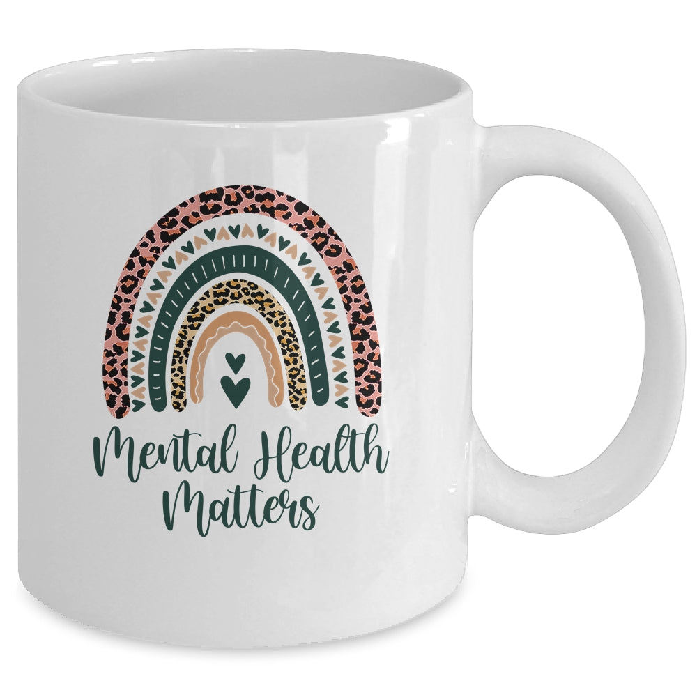 Mental Health Matters Leopard Print Boho Rainbow Awareness Mug | siriusteestore