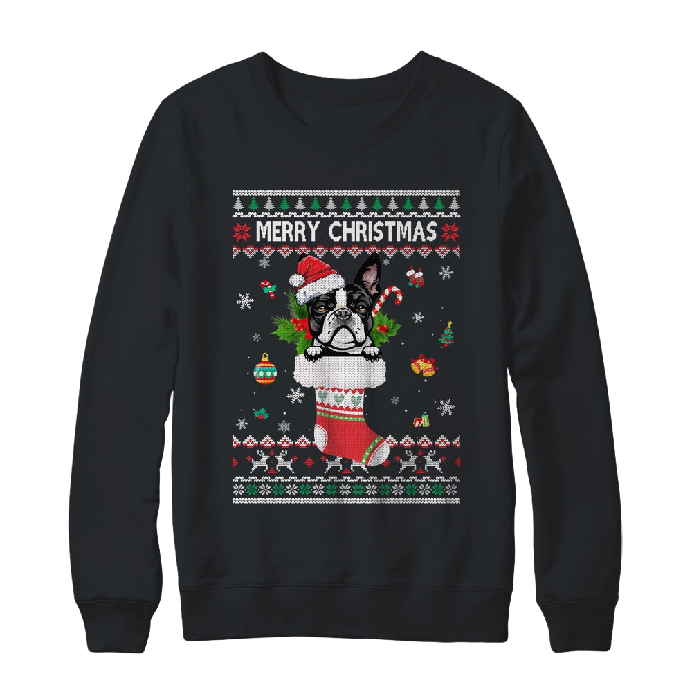 Merry Christmas Boston Terrier In Sock Dog Funny Ugly Xmas Shirt & Sweatshirt | siriusteestore