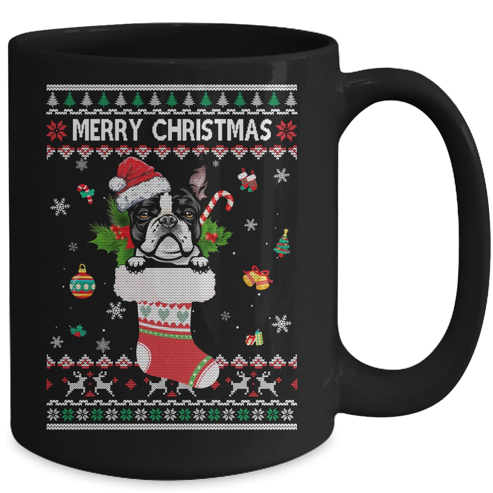 Merry Christmas Boston Terrier In Sock Dog Funny Ugly Xmas Mug | siriusteestore