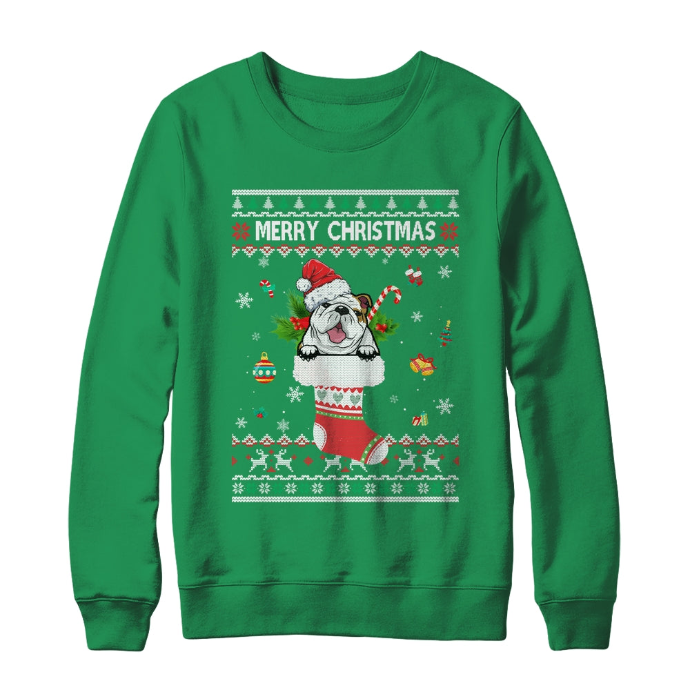 Merry Christmas Bulldog In Sock Dog Funny Ugly Xmas Shirt & Sweatshirt | siriusteestore