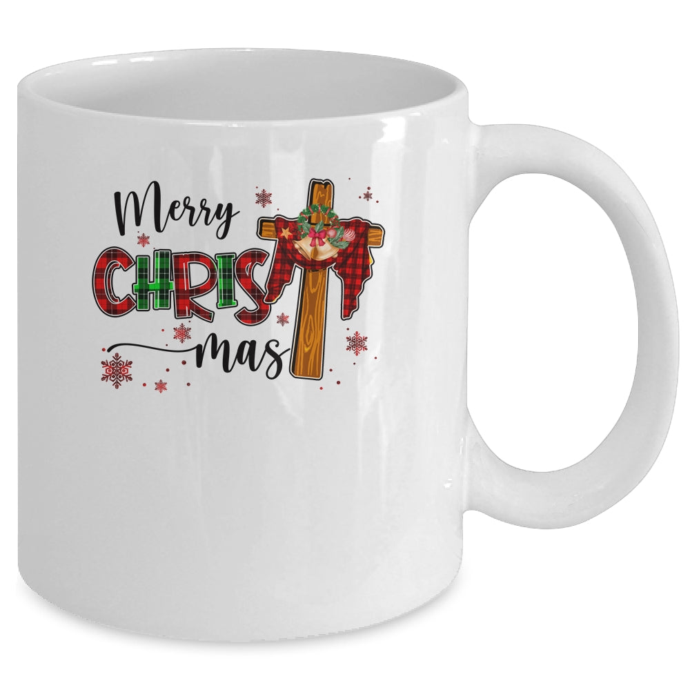 Merry Christmas Christian Cross Buffalo Plaid Family Xmas Mug | siriusteestore